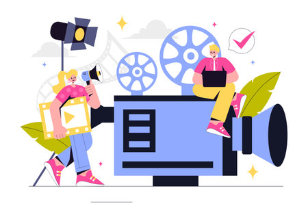 Videography Services Vector Illustration featuring Video Recording Production, Film Making, Videographer Equipment, and the Cinema Industryのイラスト素材