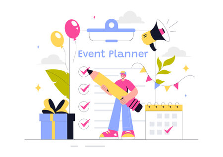 Event Planner Vector Illustration featuring Party Decorations, Scheduling, Time Management, Business Agenda, and a Calendar in a Flat Style Backgroundのイラスト素材