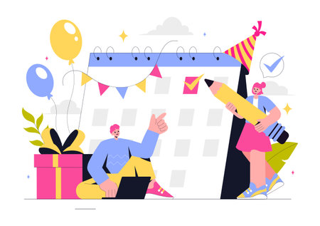 Event Planner Vector Illustration featuring Party Decorations, Scheduling, Time Management, Business Agenda, and a Calendar in a Flat Style Backgroundのイラスト素材