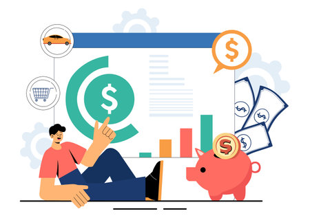Personal Finance Management Vector Illustration Depicting Money Spending Habits, Purchase Planning, Financial Goal Setting, and Budget Managementのイラスト素材