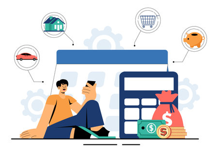 Personal Finance Management Vector Illustration Depicting Money Spending Habits, Purchase Planning, Financial Goal Setting, and Budget Managementのイラスト素材