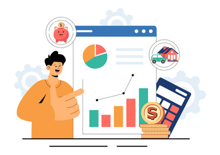 Personal Finance Management Vector Illustration Depicting Money Spending Habits, Purchase Planning, Financial Goal Setting, and Budget Managementのイラスト素材