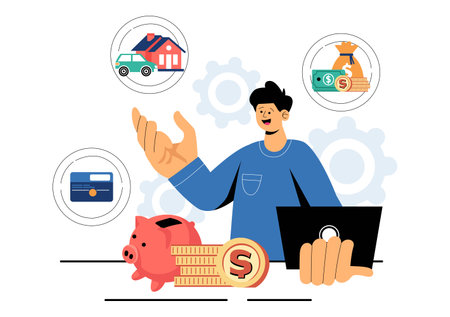 Personal Finance Management Vector Illustration Depicting Money Spending Habits, Purchase Planning, Financial Goal Setting, and Budget Managementのイラスト素材