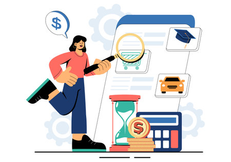 Personal Finance Management Vector Illustration Depicting Money Spending Habits, Purchase Planning, Financial Goal Setting, and Budget Managementのイラスト素材