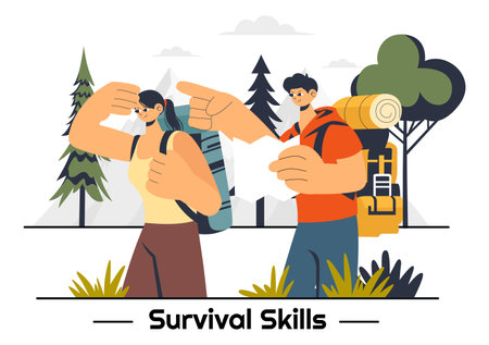 Survival Skills Summer Camping Vector Illustration featuring Tent Camping Services, Outdoor Accommodation, Jungle Exploration, and Relaxationのイラスト素材