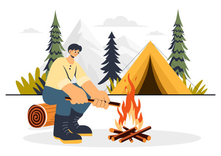Survival Skills Summer Camping Vector Illustration featuring Tent Camping Services, Outdoor Accommodation, Jungle Exploration, and Relaxationのイラスト素材