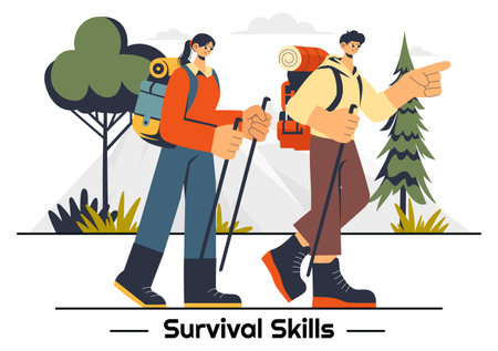 Survival Skills Summer Camping Vector Illustration featuring Tent Camping Services, Outdoor Accommodation, Jungle Exploration, and Relaxationのイラスト素材