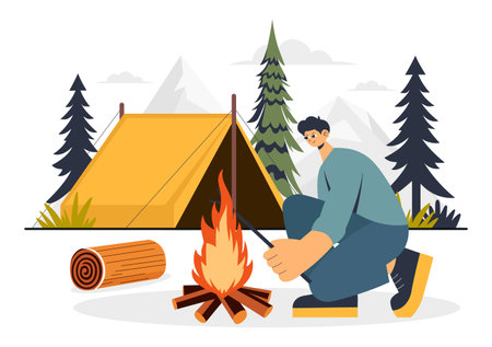 Survival Skills Summer Camping Vector Illustration featuring Tent Camping Services, Outdoor Accommodation, Jungle Exploration, and Relaxationのイラスト素材