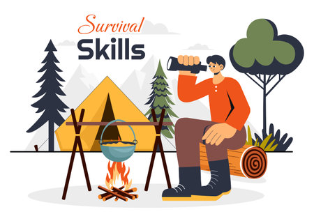 Survival Skills Summer Camping Vector Illustration featuring Tent Camping Services, Outdoor Accommodation, Jungle Exploration, and Relaxationのイラスト素材