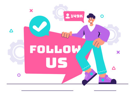 Follow Us and Like Vector Illustration for Social Media Advertisements, Featuring Users Engaging with an Interesting Page to Gain Followersのイラスト素材