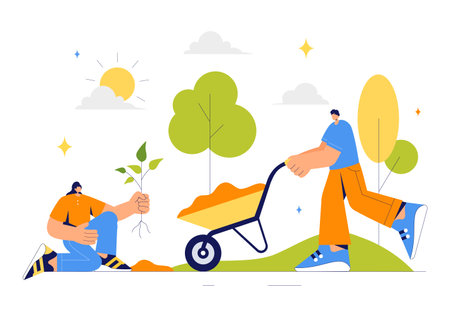 Restoration Vector Illustration featuring Tree Planting in a Forest with Green Plant Care, Watering, and Environmental Protection to Save Natureのイラスト素材
