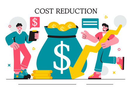 Cost Reduction Vector Illustration featuring Decreasing Expenses, Price Minimization, and Falling Profit Rates in Business with a Flat Backgroundのイラスト素材
