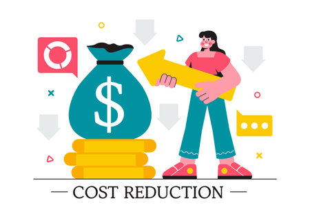 Cost Reduction Vector Illustration featuring Decreasing Expenses, Price Minimization, and Falling Profit Rates in Business with a Flat Backgroundのイラスト素材