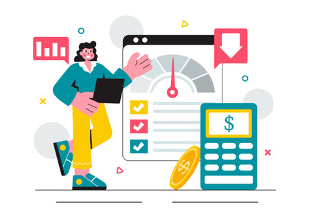 Cost Reduction Vector Illustration featuring Decreasing Expenses, Price Minimization, and Falling Profit Rates in Business with a Flat Backgroundのイラスト素材