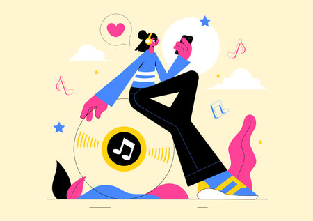Music Entertainment Vector Illustration featuring People Playing Various Musical Instruments with Musicians Performing Live on Stage in a Backgroundのイラスト素材