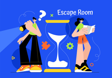 Escape Room Vector Illustration featuring People Solving Puzzles, Searching for Keys, Escaping Traps, and Finding Solutions to Challenging Questionsのイラスト素材