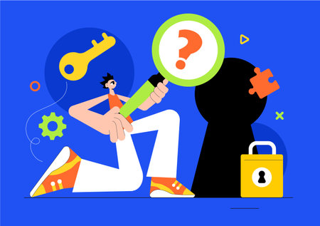 Escape Room Vector Illustration featuring People Solving Puzzles, Searching for Keys, Escaping Traps, and Finding Solutions to Challenging Questionsのイラスト素材