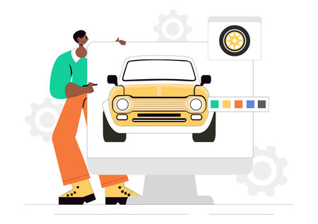 Car Customization and Modifications Vector Illustration featuring a Tuned Automobile with Upgraded Wheels, Nitrous Systems, and Body Kit Enhancementsのイラスト素材