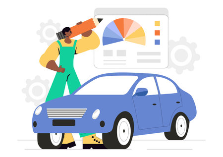 Car Customization and Modifications Vector Illustration featuring a Tuned Automobile with Upgraded Wheels, Nitrous Systems, and Body Kit Enhancementsのイラスト素材