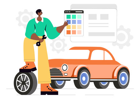 Car Customization and Modifications Vector Illustration featuring a Tuned Automobile with Upgraded Wheels, Nitrous Systems, and Body Kit Enhancementsのイラスト素材
