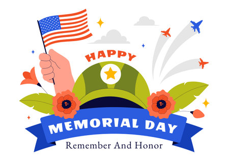 Memorial Day Vector Illustration of Remembering and Honoring Meritorious Soldiers, Featuring the American Flag and Ribbon in a Flat Style Backgroundのイラスト素材