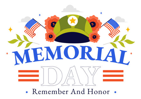 Memorial Day Vector Illustration of Remembering and Honoring Meritorious Soldiers, Featuring the American Flag and Ribbon in a Flat Style Backgroundのイラスト素材