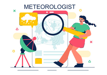 Meteorologist Vector Illustration featuring a Weather Forecaster Analyzing Atmospheric Precipitation Maps and Weather Patterns in a Flat Backgroundのイラスト素材