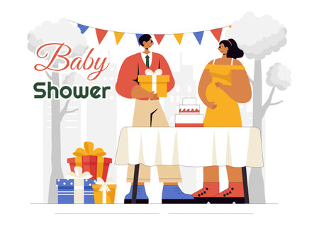 Baby Shower Vector Illustration Featuring a Couple Celebrating the Arrival of a Little Boy or Girl with Cake, Decorations, and Gifts in a Backgroundのイラスト素材