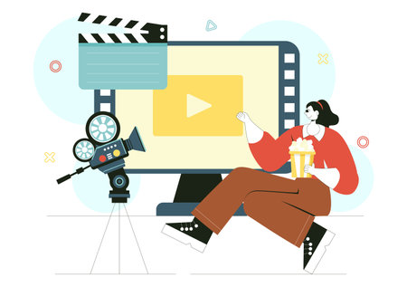 Film Festival Vector Illustration Featuring Cinematography and the Process of Shooting Movies and Films in a Studio with Camera and Filmstripのイラスト素材