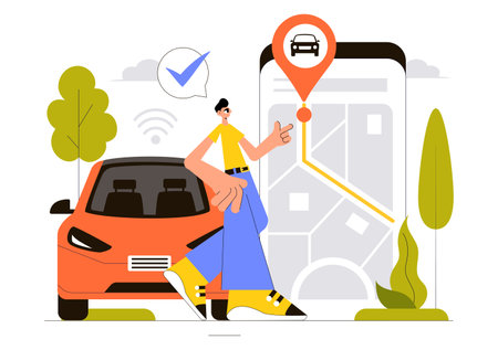 Vehicle Tracking Vector Illustration Featuring Workers Loading Products, Smart Logistics on Trucks, and Delivery Management Using a Smartphoneのイラスト素材