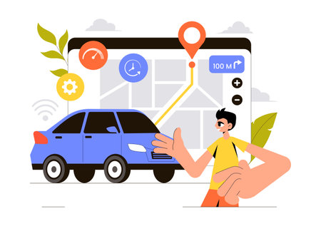 Vehicle Tracking Vector Illustration Featuring Workers Loading Products, Smart Logistics on Trucks, and Delivery Management Using a Smartphoneのイラスト素材
