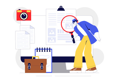 Private Investigator Illustration Featuring Detective Services with Magnifier, Binoculars, Photo Camera and Newspaper Articles for Crime Investigationのイラスト素材