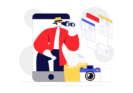 Private Investigator Illustration Featuring Detective Services with Magnifier, Binoculars, Photo Camera and Newspaper Articles for Crime Investigationのイラスト素材