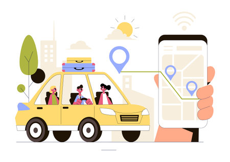 Ride Sharing Vector Illustration Featuring Shared Transportation Services Using Vehicles to Transport Passengers from One Place to Anotherのイラスト素材