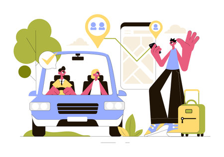 Ride Sharing Vector Illustration Featuring Shared Transportation Services Using Vehicles to Transport Passengers from One Place to Anotherのイラスト素材