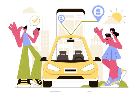 Ride Sharing Vector Illustration Featuring Shared Transportation Services Using Vehicles to Transport Passengers from One Place to Anotherのイラスト素材