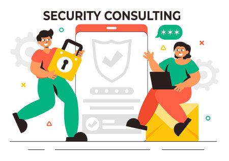 Security Consulting Illustration Featuring Information Technology and Ethical Hackers Conducting Testing, Development, and Cybersecurity Consultingのイラスト素材