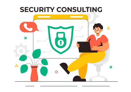 Security Consulting Illustration Featuring Information Technology and Ethical Hackers Conducting Testing, Development, and Cybersecurity Consultingのイラスト素材