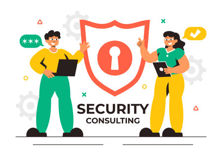 Security Consulting Illustration Featuring Information Technology and Ethical Hackers Conducting Testing, Development, and Cybersecurity Consultingのイラスト素材