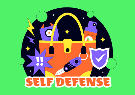 Self Defense Vector Illustration Featuring Various Types of Protective Equipment Against Danger or Threat in a Flat Style Cartoon Backgroundのイラスト素材