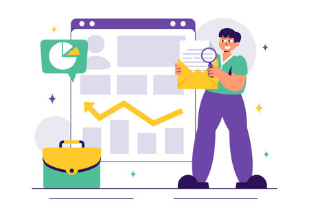 Corporate Investigation Vector Illustration Featuring Observation, Examination, Information Search, and Research for Future Analysis in a Backgroundのイラスト素材