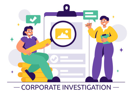 Corporate Investigation Vector Illustration Featuring Observation, Examination, Information Search, and Research for Future Analysis in a Backgroundのイラスト素材