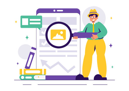 Corporate Investigation Vector Illustration Featuring Observation, Examination, Information Search, and Research for Future Analysis in a Backgroundのイラスト素材