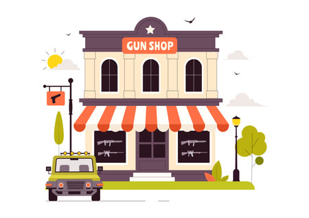 Gun Accessories Shop Vector Illustration featuring a Rifle, Bullets, Weapons, and Hunting Equipment in a Flat Style Cartoon Backgroundのイラスト素材