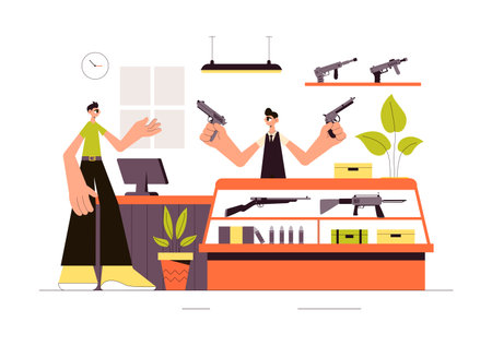 Gun Accessories Shop Vector Illustration featuring a Rifle, Bullets, Weapons, and Hunting Equipment in a Flat Style Cartoon Backgroundのイラスト素材