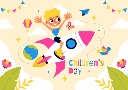 Happy Children's Day Vector Illustration featuring cheerful kids celebrating this important occasion to children's rights, joy, and happinessのイラスト素材