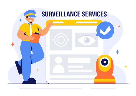 Surveillance Services Vector Illustration Featuring Various Technologies Used to Monitor and Supervise Activities in a Specific Area in a Backgroundのイラスト素材