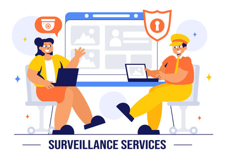 Surveillance Services Vector Illustration Featuring Various Technologies Used to Monitor and Supervise Activities in a Specific Area in a Backgroundのイラスト素材