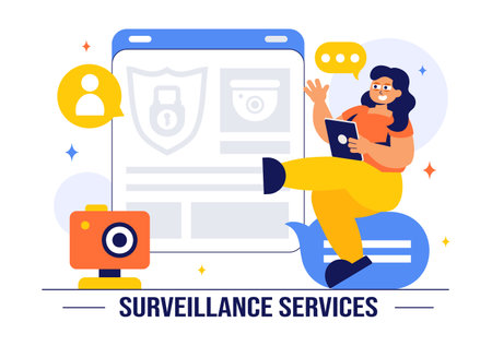 Surveillance Services Vector Illustration Featuring Various Technologies Used to Monitor and Supervise Activities in a Specific Area in a Backgroundのイラスト素材