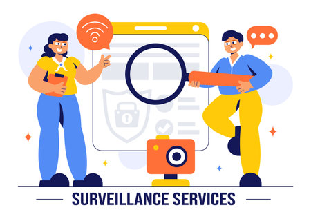 Surveillance Services Vector Illustration Featuring Various Technologies Used to Monitor and Supervise Activities in a Specific Area in a Backgroundのイラスト素材